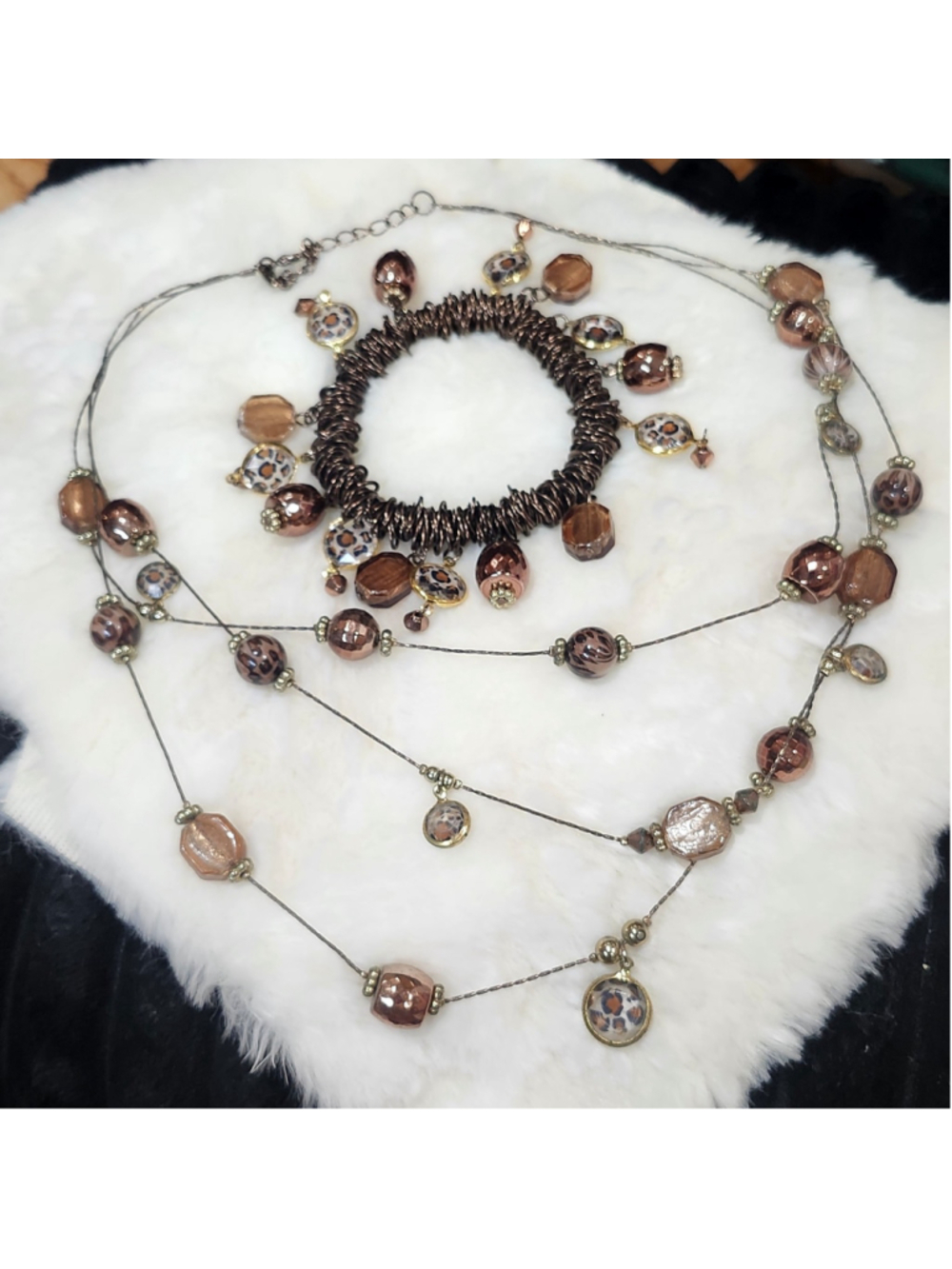 Lane Bryant Multi Strand Beaded Animal Print Necklace Stretch Bracelet Set